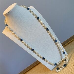 Vintage Pearl and Blue Glass Bead Necklace